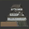 Traditional Japanese Castle Model With Multi Tiered Roof And Stone Base