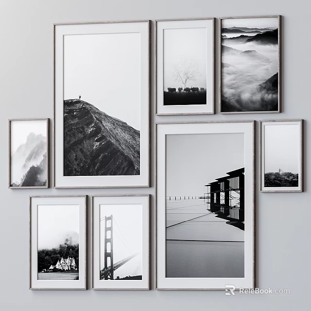 Black and White Framed Photos Wall Gallery With Landscape And Architecture Prints 3d model 
