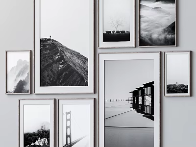 Black and White Framed Photos Wall Gallery With Landscape And Architecture Prints 3d model