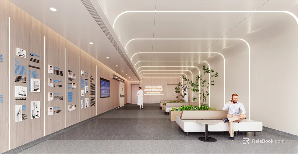 Modern Medical Waiting Area Interior With Wooden Walls LED Strip Lighting And Green Plants 3d model 