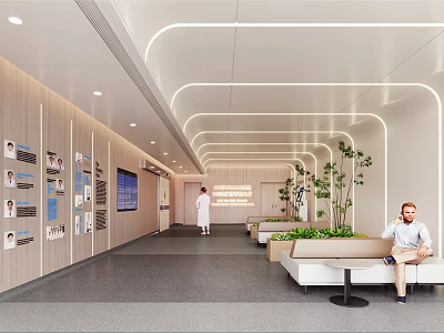 Modern Medical Waiting Area Interior With Wooden Walls LED Strip Lighting And Green Plants 3d model
