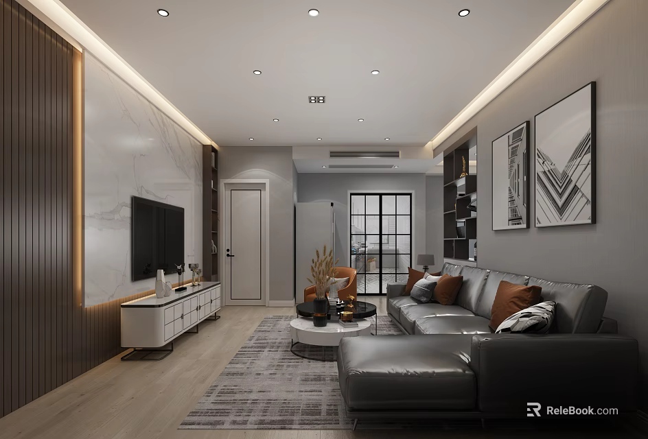 Modern Living and Dining Room Interior With Gray Sofa Orange Cushions and Wall Art 3d model 
