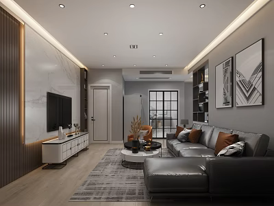 Modern Living and Dining Room Interior With Gray Sofa Orange Cushions and Wall Art 3d model