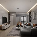 Modern Living and Dining Room Interior With Gray Sofa Orange Cushions and Wall Art