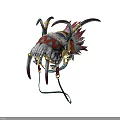Traditional Ornamental Headdress With Colorful Feathers Horns And Tusk Elements On Display Stand