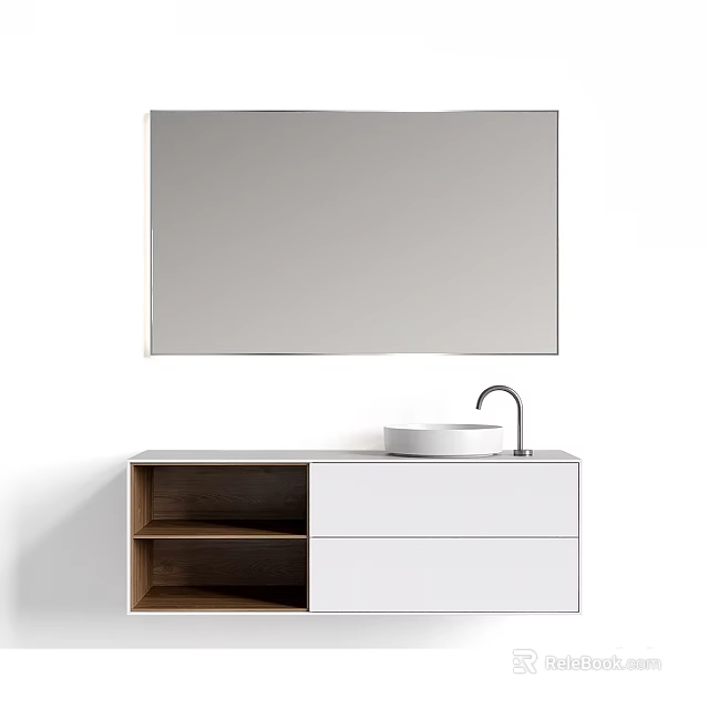 Modern Bathroom Vanity With Large Mirror Above White Basin Faucet Cabinet Drawers And Open Shelves 3d model 