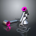 Modern Electric Hair Dryers With Pink Nozzles Silver Bodies Stand And Coiled Cord