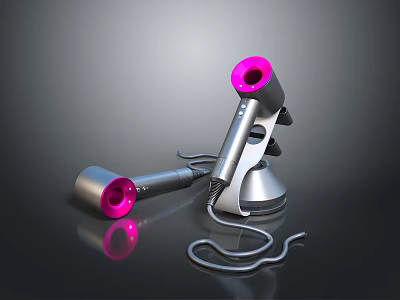 Modern Electric Hair Dryers With Pink Nozzles Silver Bodies Stand And Coiled Cord 3d model