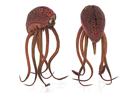 Two Detailed Mythical Creature Models With Brain Shaped Heads And Red Brown Tentacles 3d model