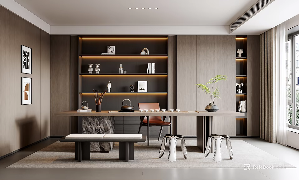 Modern Tea Room Interior With Wooden Shelves Tea Table And Potted Plant 3d model 
