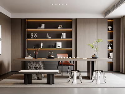 Modern Tea Room Interior With Wooden Shelves Tea Table And Potted Plant 3d model
