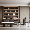 Modern Tea Room Interior With Wooden Shelves Tea Table And Potted Plant