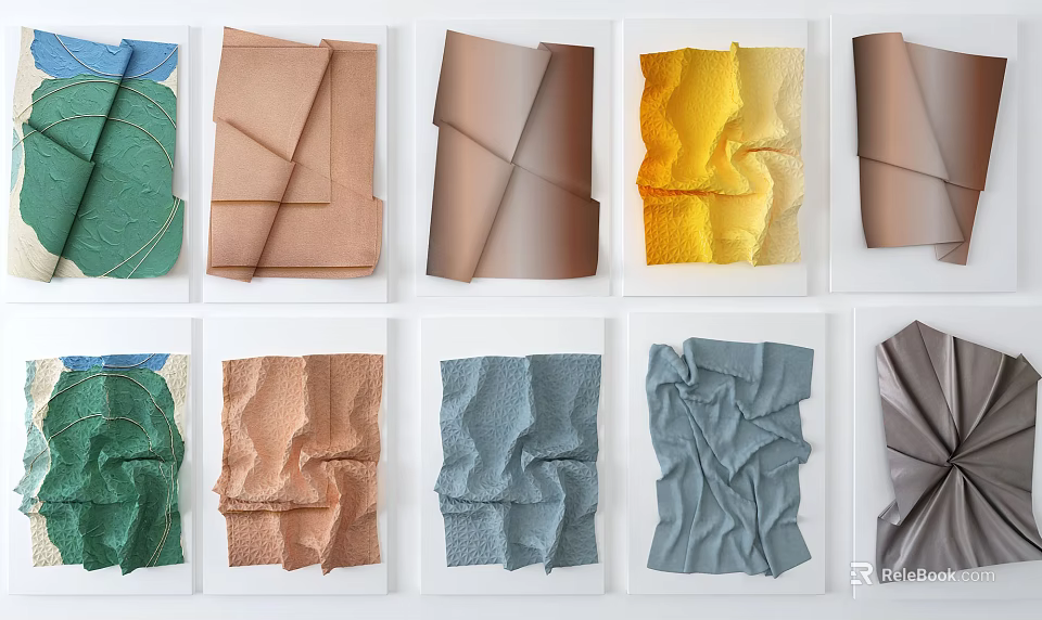 Colorful Fabric Wall Decor with Folded Designs and Textures Arranged on White Background 3d model 