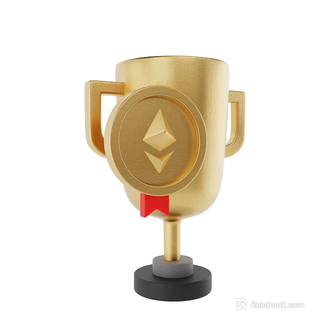 Decorative Ornament Set Golden Trophy With Ethereum Logo Red Ribbon And Black Base 3d model 