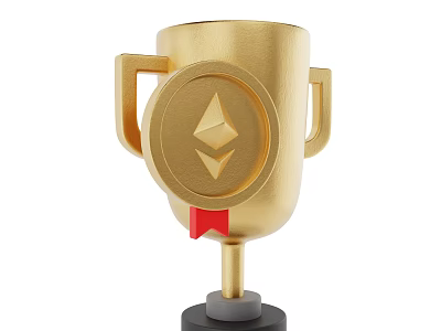 Decorative Ornament Set Golden Trophy With Ethereum Logo Red Ribbon And Black Base 3d model