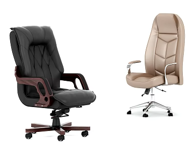 Stylish Office Chairs With Black Leather Wooden Armrests And Beige Metal Frame Design 3d model