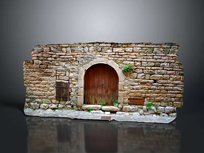 Ancient Stone Building Featuring Arched Wooden Door And Rough Stone Walls 3d model