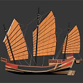Traditional Chinese Sailing Boat With Yellow Sails Red Black Hull And Wooden Structure