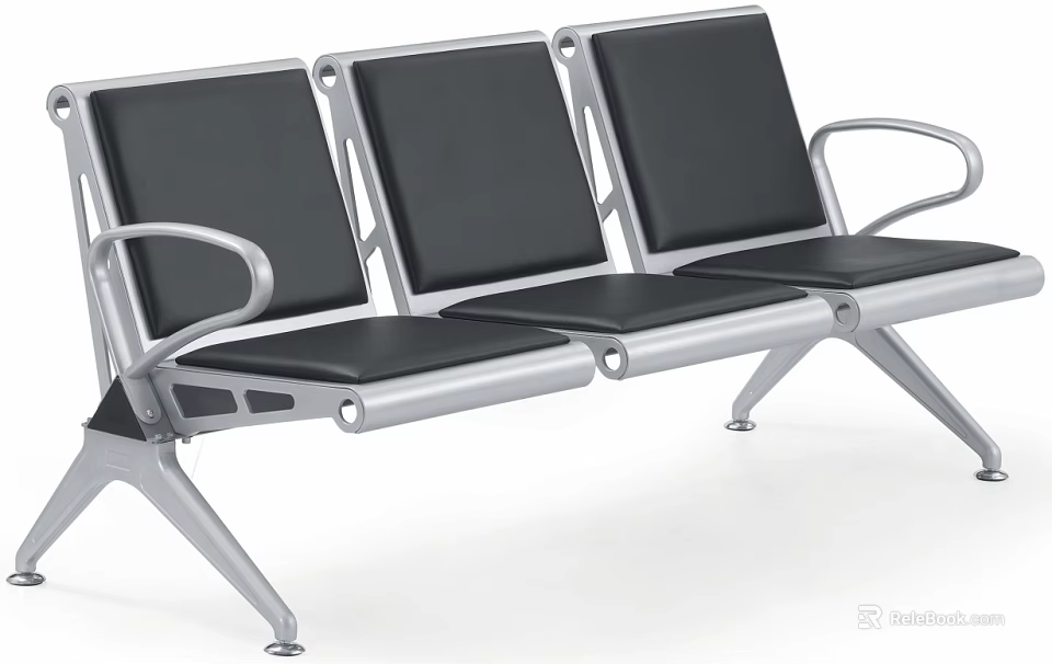Modern Three Seater Public Chair With Black Cushion And Silver Metal Frame 3d model 