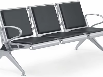 Modern Three Seater Public Chair With Black Cushion And Silver Metal Frame 3d model
