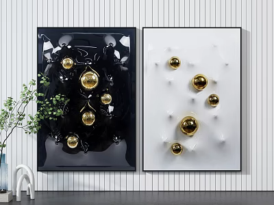 Modern Decorative Wall Art With Black White Backgrounds And Golden 3D Spheres 3d model
