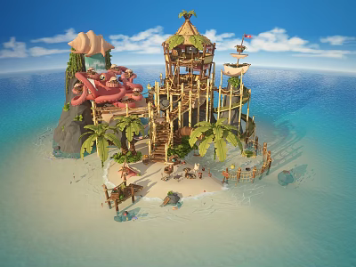 Cartoon Tropical Island Scene With Wooden Tower Palm Trees Pink Octopus And Sandy Beach 3d model