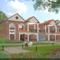 Semi Detached Villa With Red Brick Exterior Arched Windows Balconies And Green Lawn Landscape