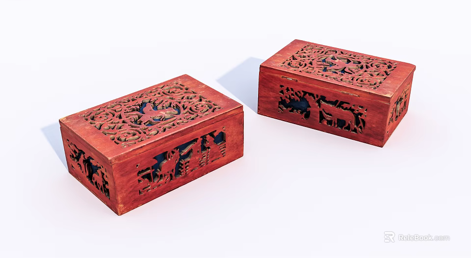 Two Red Handcrafted Wooden Storage Boxes With Intricate Carved Patterns 3d model