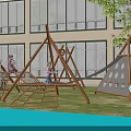 Kindergarten Outdoor Play Area with Climbing Ropes Yellow Ladders and Children Playing on Grass