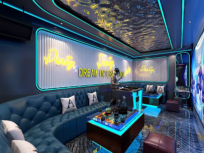 Modern KTV Private Room Interior With Neon Lights And Sofas 3d model