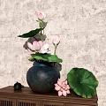 Pink Lotus Flowers In Dark Ceramic Vase On Wooden Cabinet With Gray Textured Wall