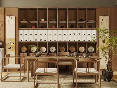 Traditional Wooden Tea Room Interior With Shelves Tea Sets Scrolls Tables And Chairs 3d model