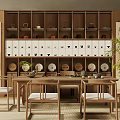 Traditional Wooden Tea Room Interior With Shelves Tea Sets Scrolls Tables And Chairs