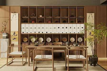 New Chinese Zen Style Tea Room Tea Tasting Area Tea Table and Chair Combination Song Style Aesthetics Tea Room Sideboard Tea Set Storage Cabinet Tea Cabinet Display Cabinet 3d model