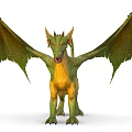 Detailed Mythical Green and Yellow Dragon Standing with Spread Wings