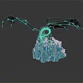 Detailed Black Mythical Dragon Sculpture With Spread Wings On Blue Ice Base