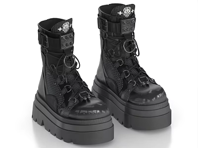 Black Platform Boots With Thick Sole Straps Buckles Mesh Details And Shiny Accents 3d model