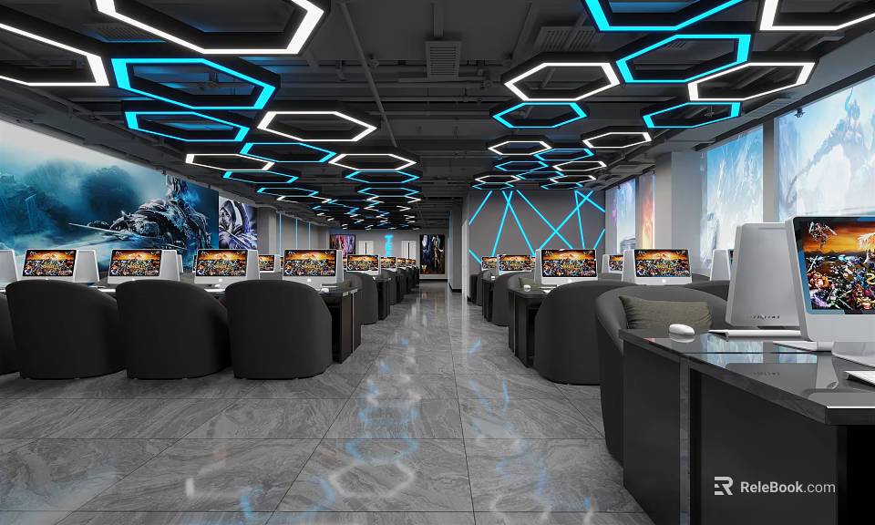 Modern Gaming Cafe Interior With Geometric Lighting Blue Accents Black Seats And Gaming Computers 3d model 