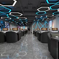 Modern Gaming Cafe Interior With Geometric Lighting Blue Accents Black Seats And Gaming Computers