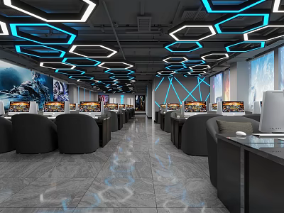 Modern Gaming Cafe Interior With Geometric Lighting Blue Accents Black Seats And Gaming Computers 3d model