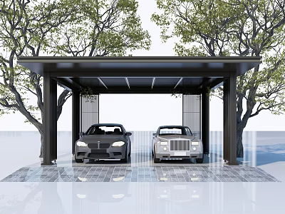 Modern Carport Canopy Structure With Two Car Spaces Paved Flooring And Trees 3d model