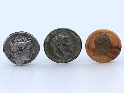 Vintage Decorative Ornament Set with Three Different Portrait Medals Silver Bronze and Wooden Base 3d model