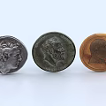Vintage Decorative Ornament Set with Three Different Portrait Medals Silver Bronze and Wooden Base
