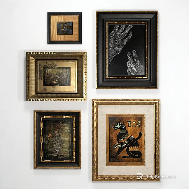 Various Framed Artworks Hanging On White Wall With Different Styles And Designs 3d model 