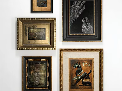 Various Framed Artworks Hanging On White Wall With Different Styles And Designs 3d model