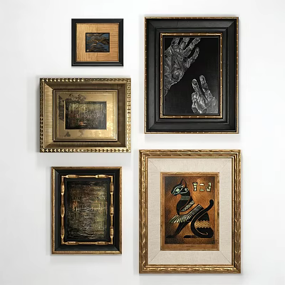 Various Framed Artworks Hanging On White Wall With Different Styles And Designs 3d model