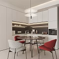 Elegant Modern Restaurant Interior With Round Dining Table Red Chairs And Pendant Lighting 3d model