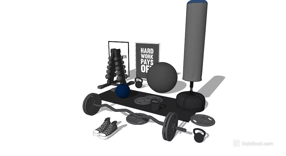 Complete Sports Equipment With Dumbbells Barbell Weight Plates Punching Bag Exercise Ball And Sneakers 3d model 