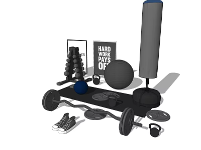 Complete Sports Equipment With Dumbbells Barbell Weight Plates Punching Bag Exercise Ball And Sneakers 3d model