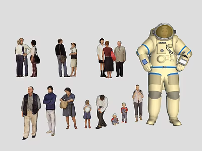 Group of Diverse People Standing Together with Astronaut in Space Suit 3d model